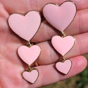 Sweet Pink Heart Dangle Earrings - Tiered Gold Tone Love Jewelry